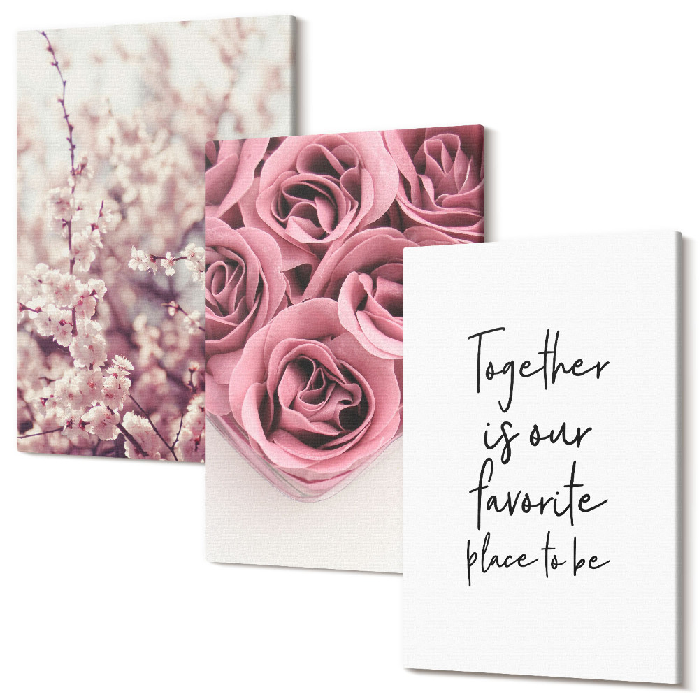 Falikép szett triptichon Virágok és rózsacsokrok házi készítésű felirattal