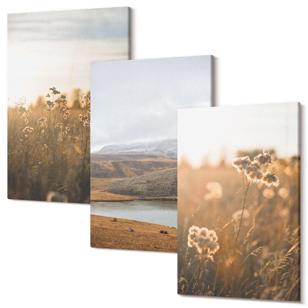 Háromrészes vászonkép szett Tájak rétekkel, hegyekkel és egy tóval a háttérben