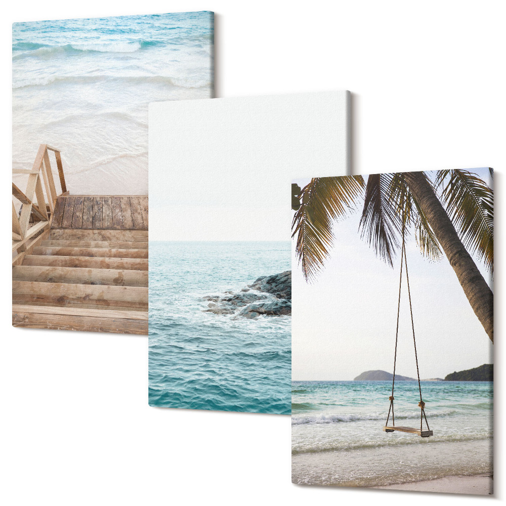 Falikép szett triptichon Lépcső a strandhoz, kilátás a tengerre és pálmafa hinta