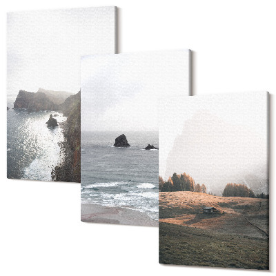 Kép szett triptichon Hegyi és tengeri tájak felhőkkel és erdőkkel