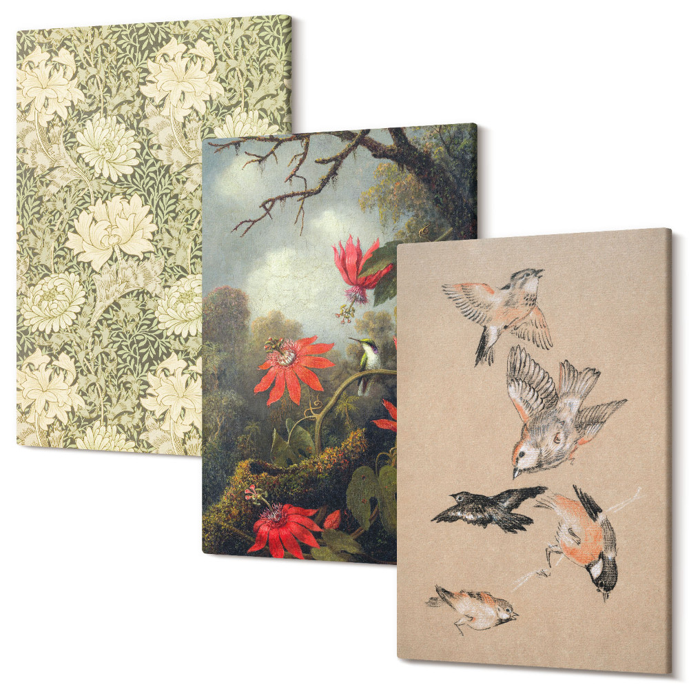 Falikép szett triptichon Virágok és madarak természetes környezetben