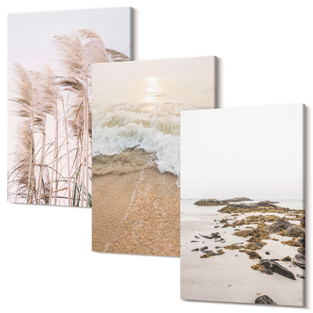 Háromrészes vászonkép szett Tengerparti fű hullámai és tengerparti kövek boho