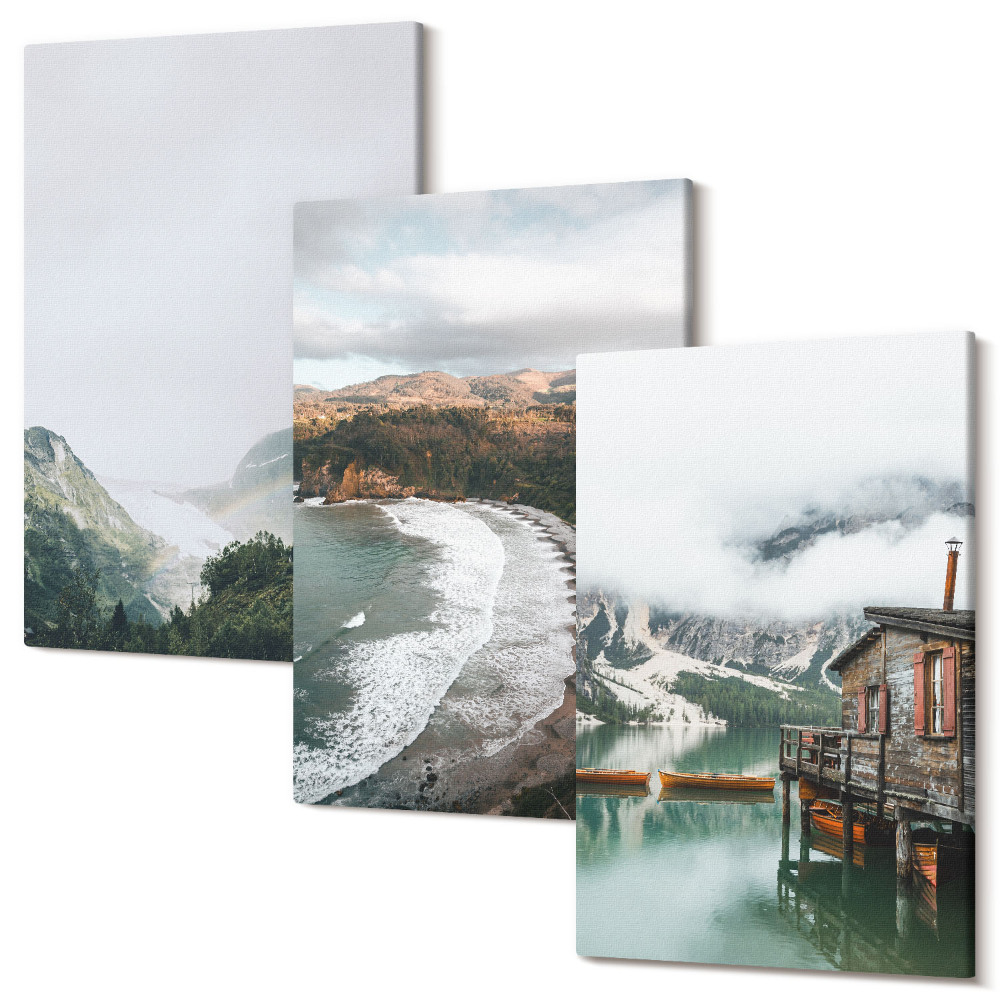 Falikép szett triptichon Kilátás a hegyekre és a tengerpartra, felhőkkel és vízzel