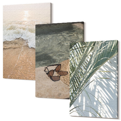 Kép szett triptichon Víz strand kalap és napszemüveg levelek