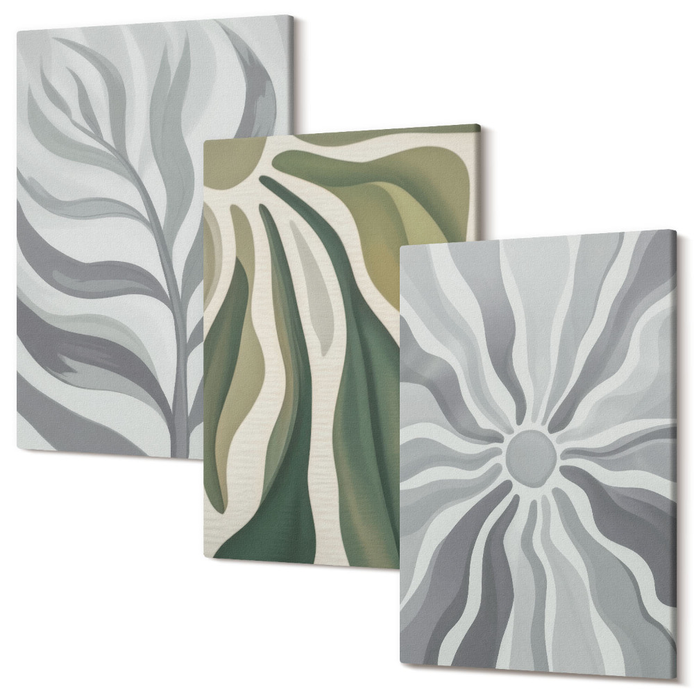 Falikép szett triptichon Zöld és szürke árnyalatú növényi minták