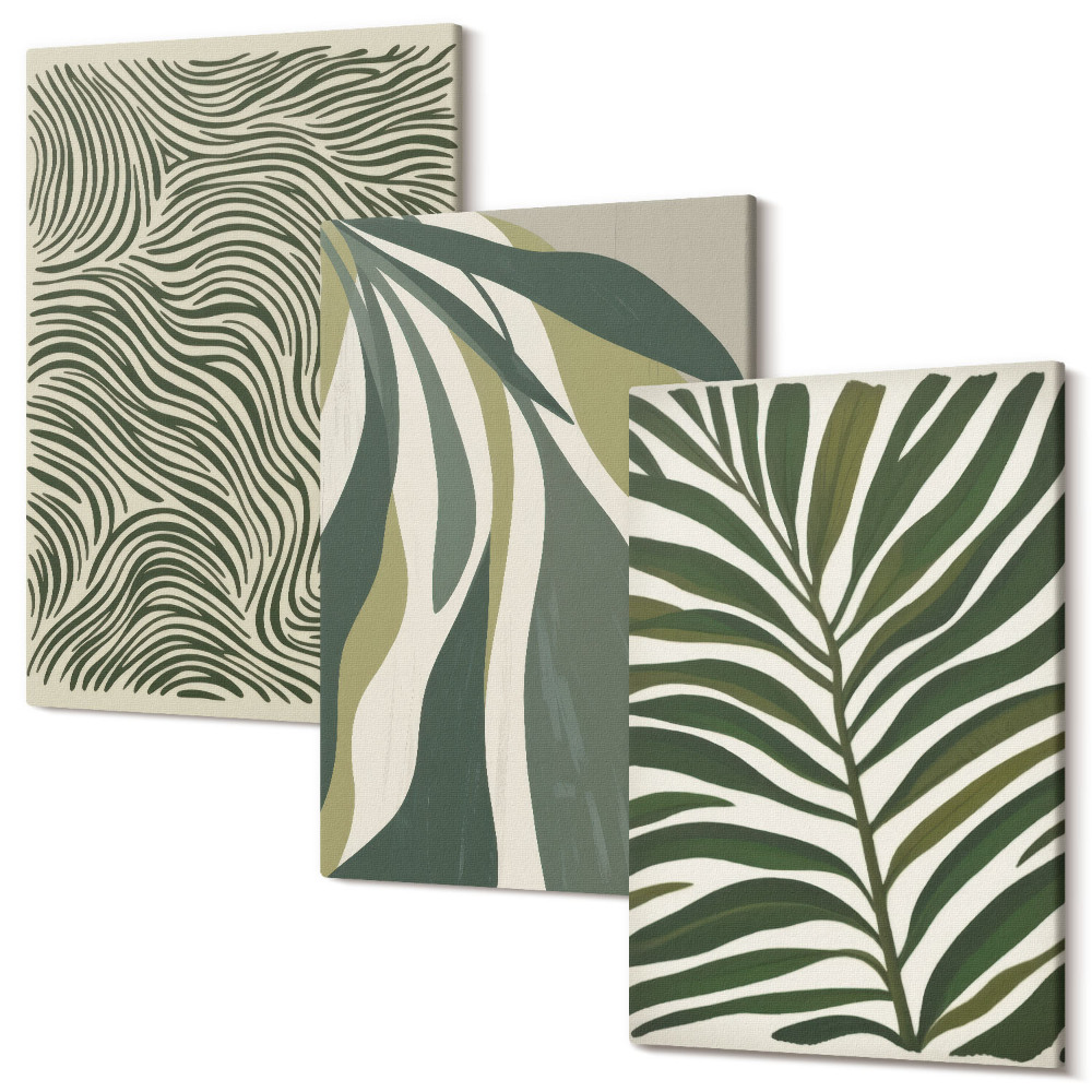 Kép szett triptichon Levélminták és hullámos vonalak a zöld árnyalataiban