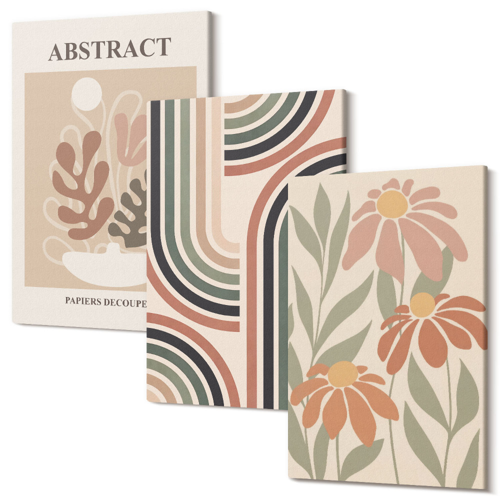 Falikép szett triptichon Absztrakt növények és minták pasztell színekben