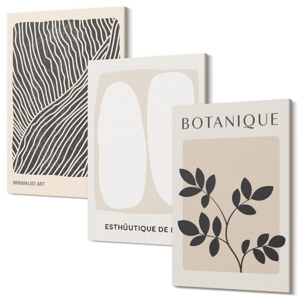 Falikép szett triptichon Virágminták és minimalista vonalak semleges színekben