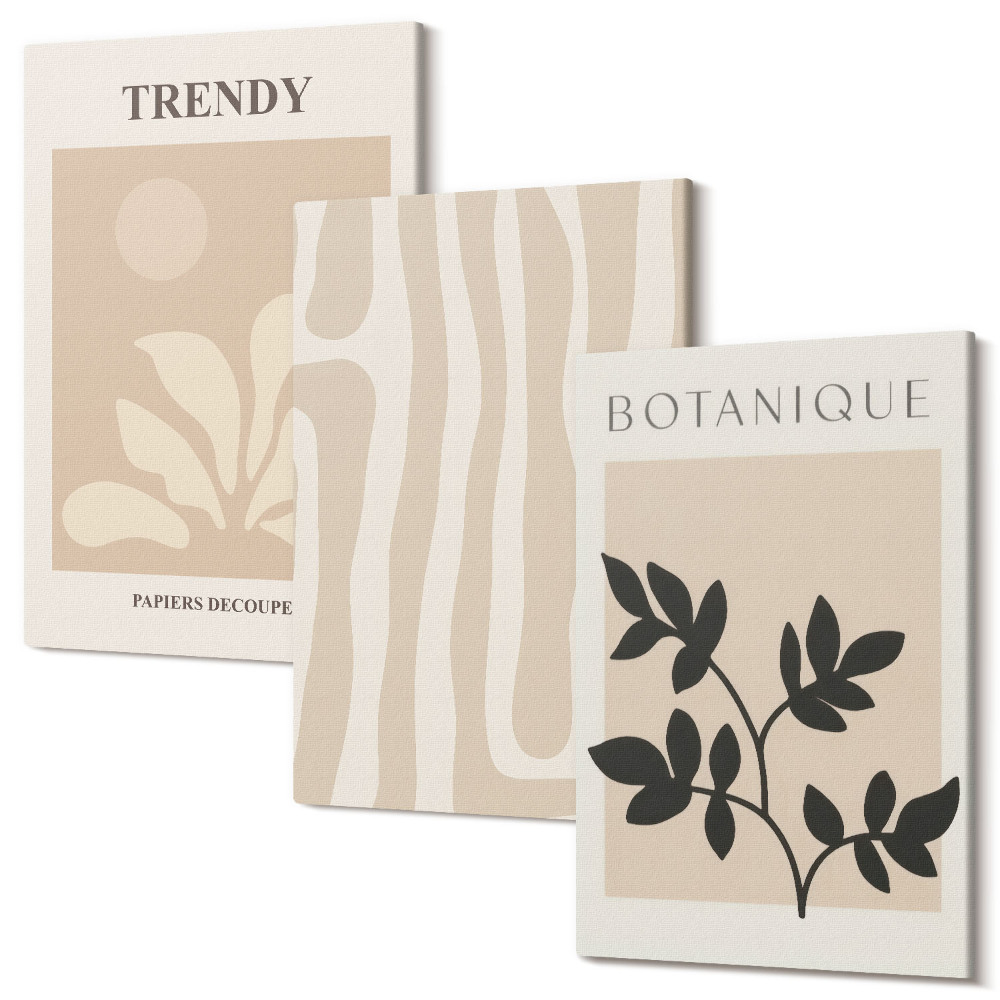 Kép szett triptichon Stílusos növényi minták bézs és fekete árnyalatokban