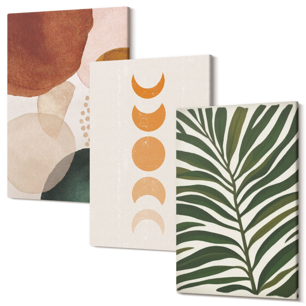 Háromrészes vászonkép szett Absztrakt formák meleg színekkel és levelekkel
