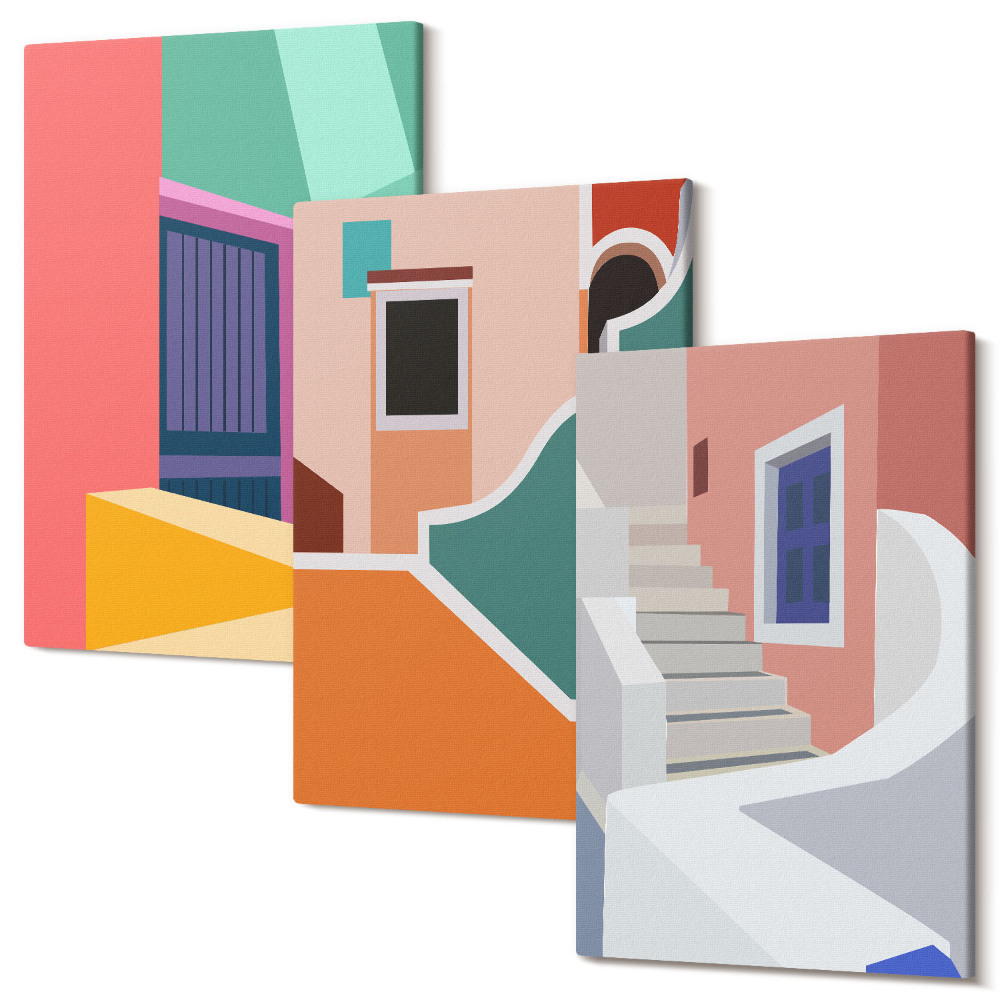 Falikép szett triptichon Modern stílusú épületek színes illusztrációi