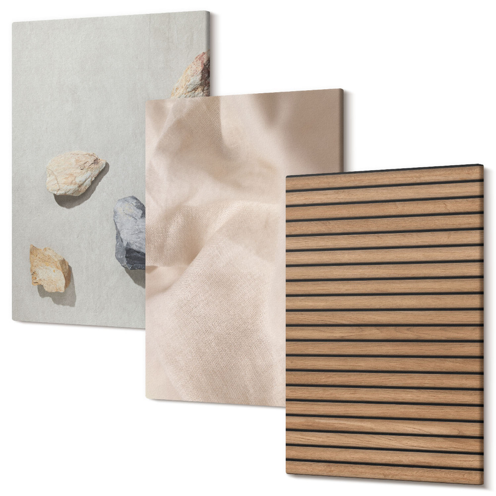 Háromrészes vászonkép szett Kövek, fa, szövet, különféle textúrák