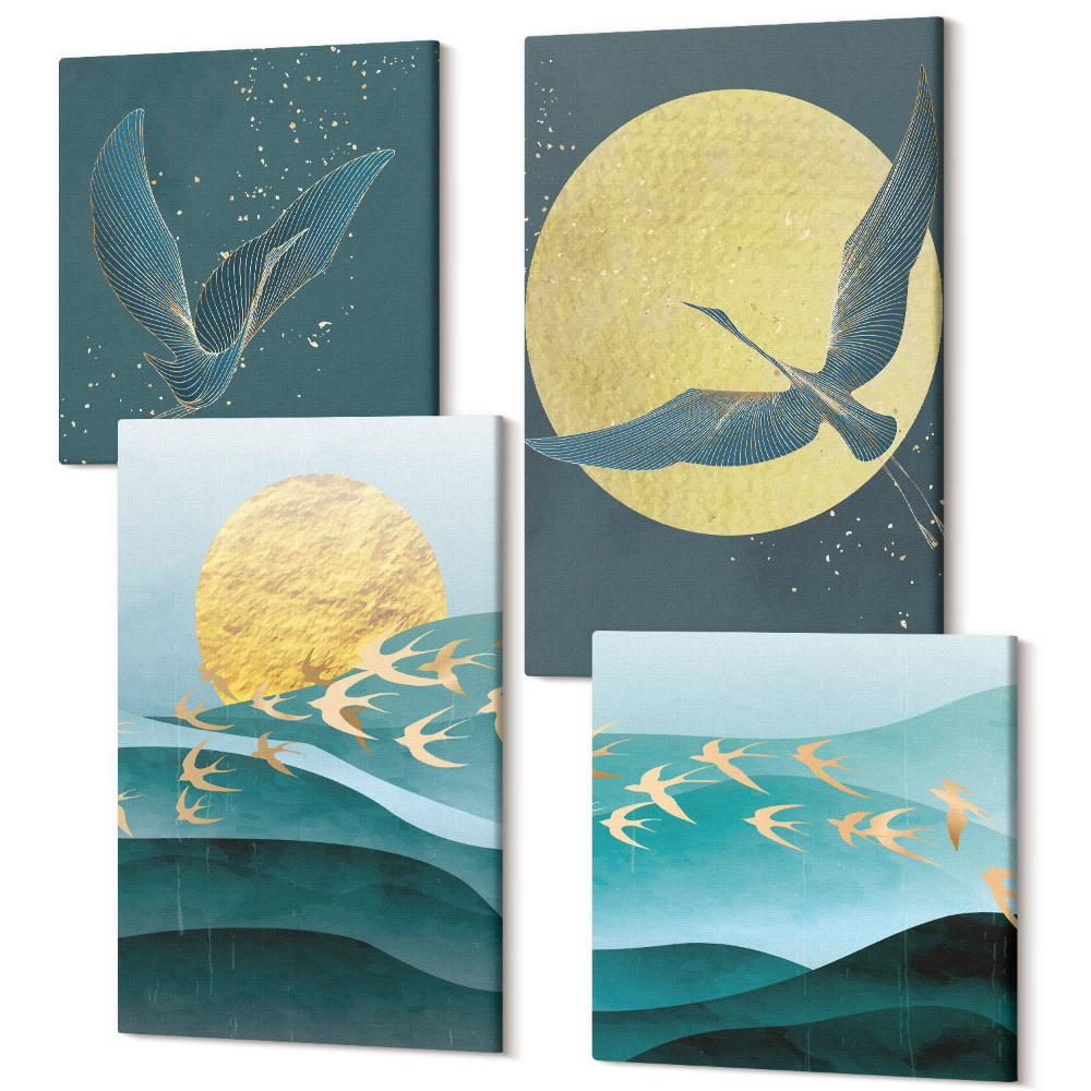 Négy részes vászonkép Stílusos absztrakt tájak madarakkal