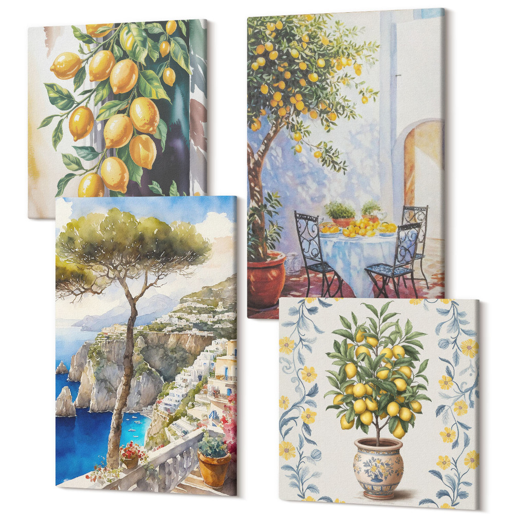 Négy részes vászonkép szett Citromfák és festett tengerparti kilátás