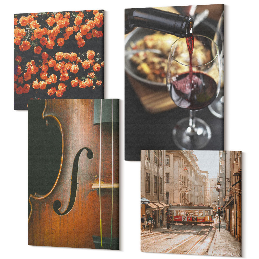 Négy részes vászonkép szett Vintage romantikus virágok utcai bor és hegedű