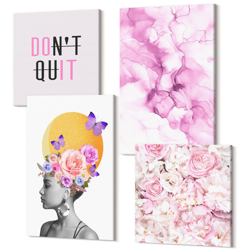 Négy részes vászonkép Inspiráló felirat virágok absztrakt portréja egy nő