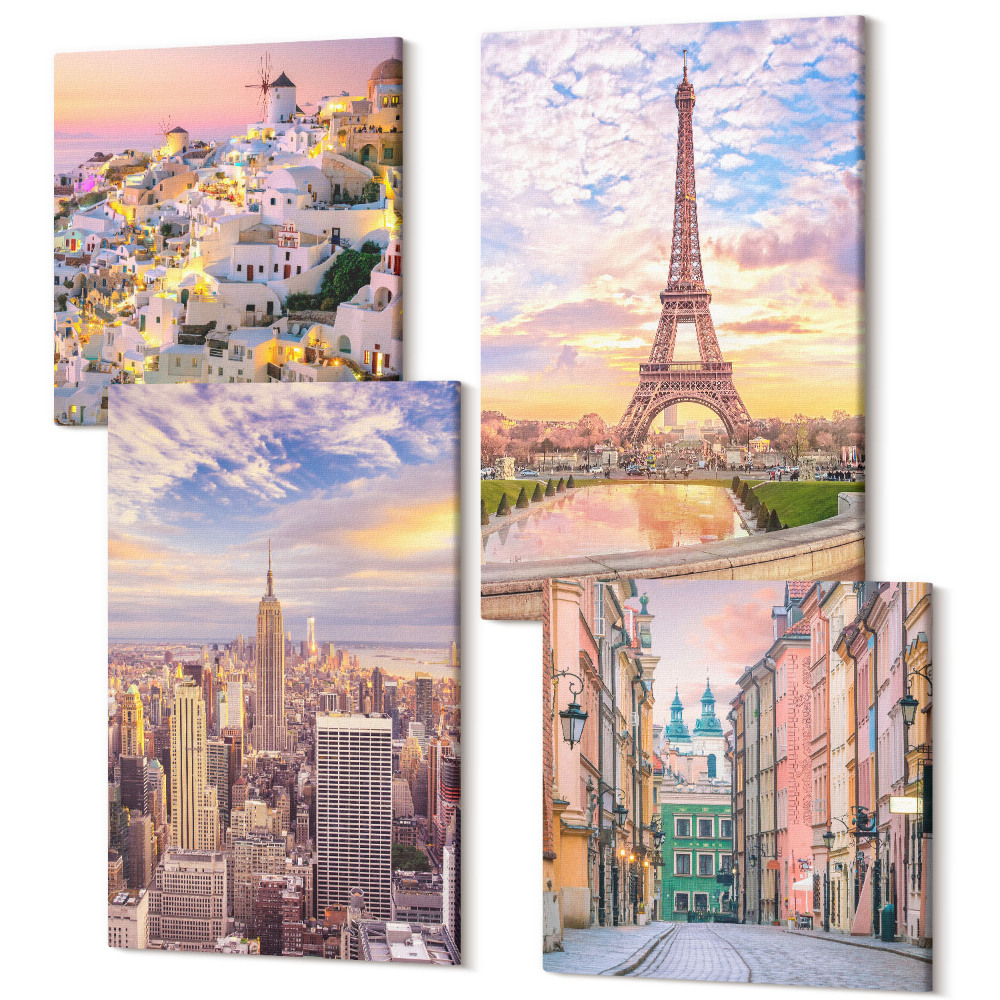 Négy részes vászonkép szett New York Paris Oia Varsó naplementekor