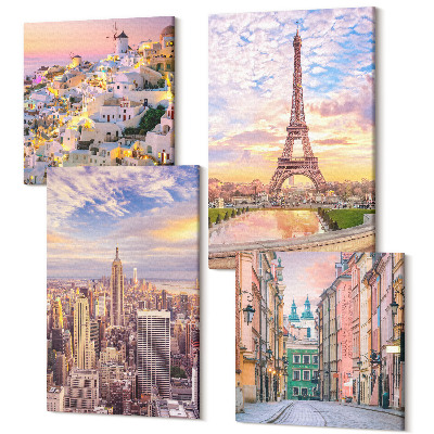 Négy részes vászonkép szett New York Paris Oia Varsó naplementekor
