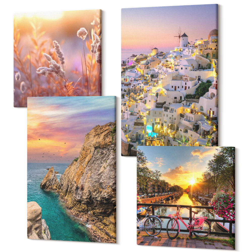 Négy részes vászonkép Tengerparti kilátás naplementével és a várossal