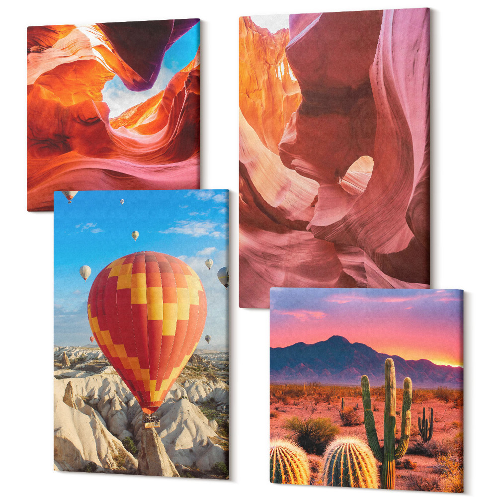 Négy részes vászonkép Sivatagi szurdokok tájai és egy léggömbrepülés