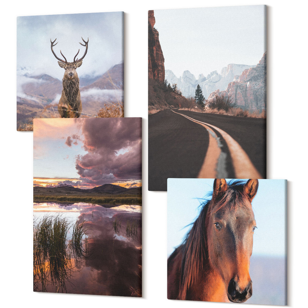 Négy részes vászonkép szett Hegyi tájak rénszarvassal, lóval és úttal