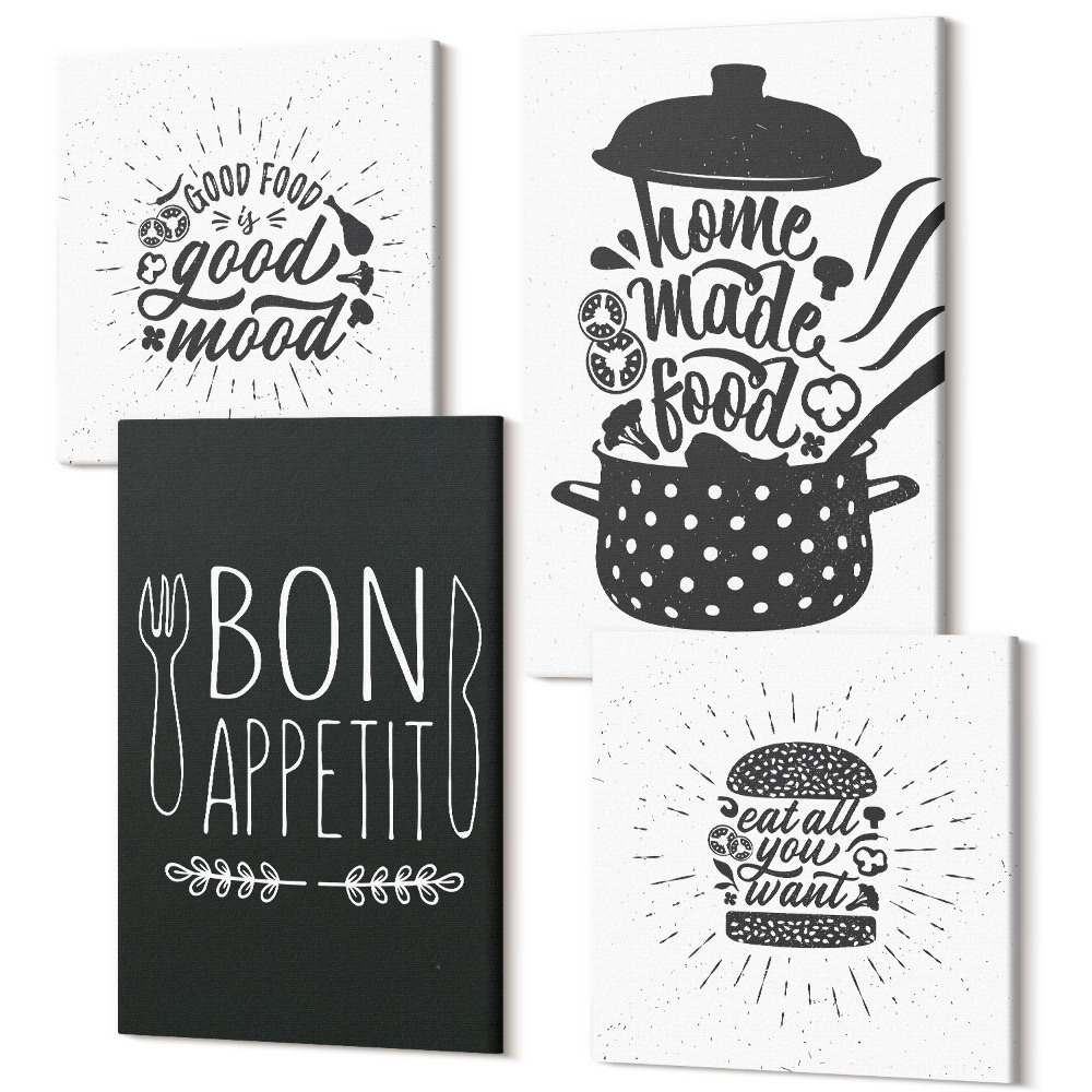 Négy részes vászonkép Grafika ételekkel és kulináris szlogenekkel