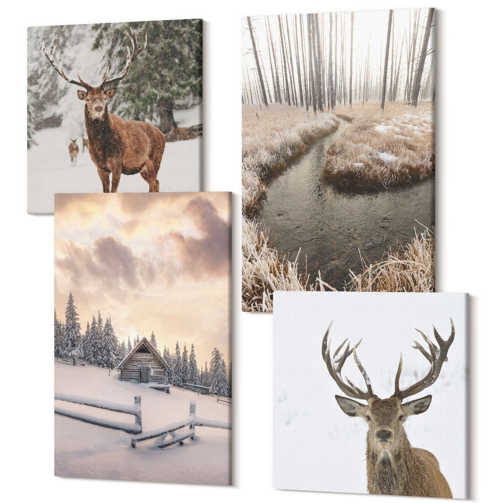 Négy részes vászonkép Téli táj szarvaskunyhóval és patakkal