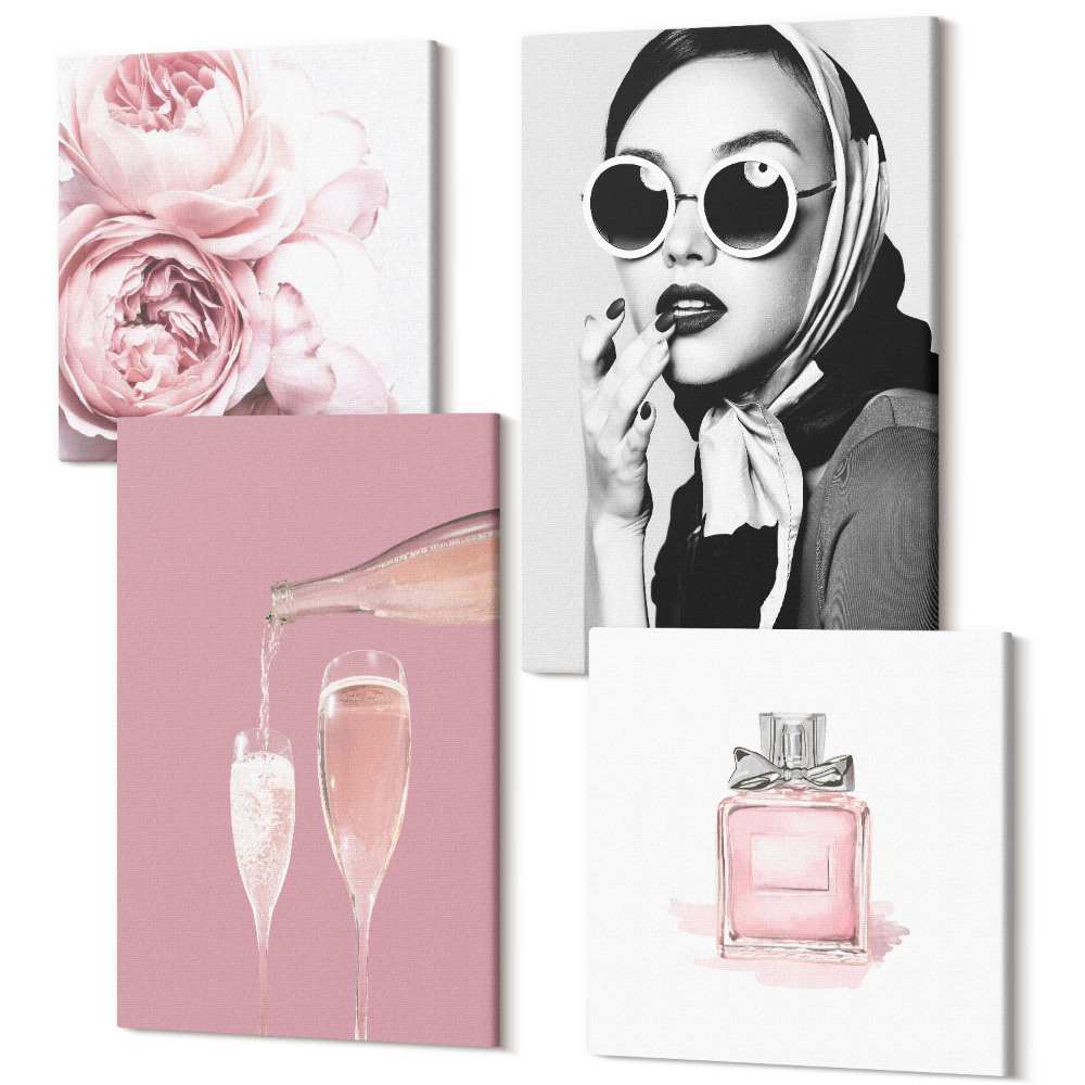 Négy részes vászonkép szett Stílusos nőies kiegészítők rózsaszín árnyalatokban