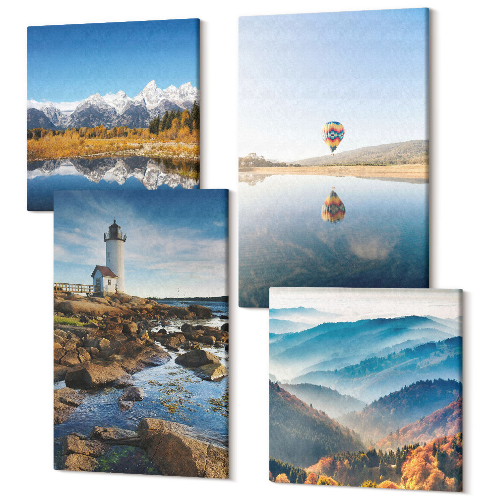 Négy részes vászonkép Kilátás a természetre világítótoronnyal, hegyekkel, tóval és léggömbbel