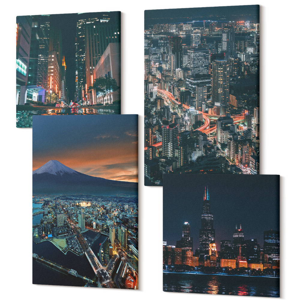Négy részes vászonkép Hegyi kilátás a városra éjszaka felhőkarcolóval