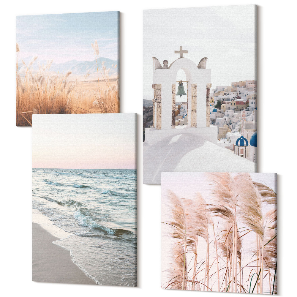 Négy részes vászonkép Tengerparti növények, tenger hullámai, kilátás a fehér házakra