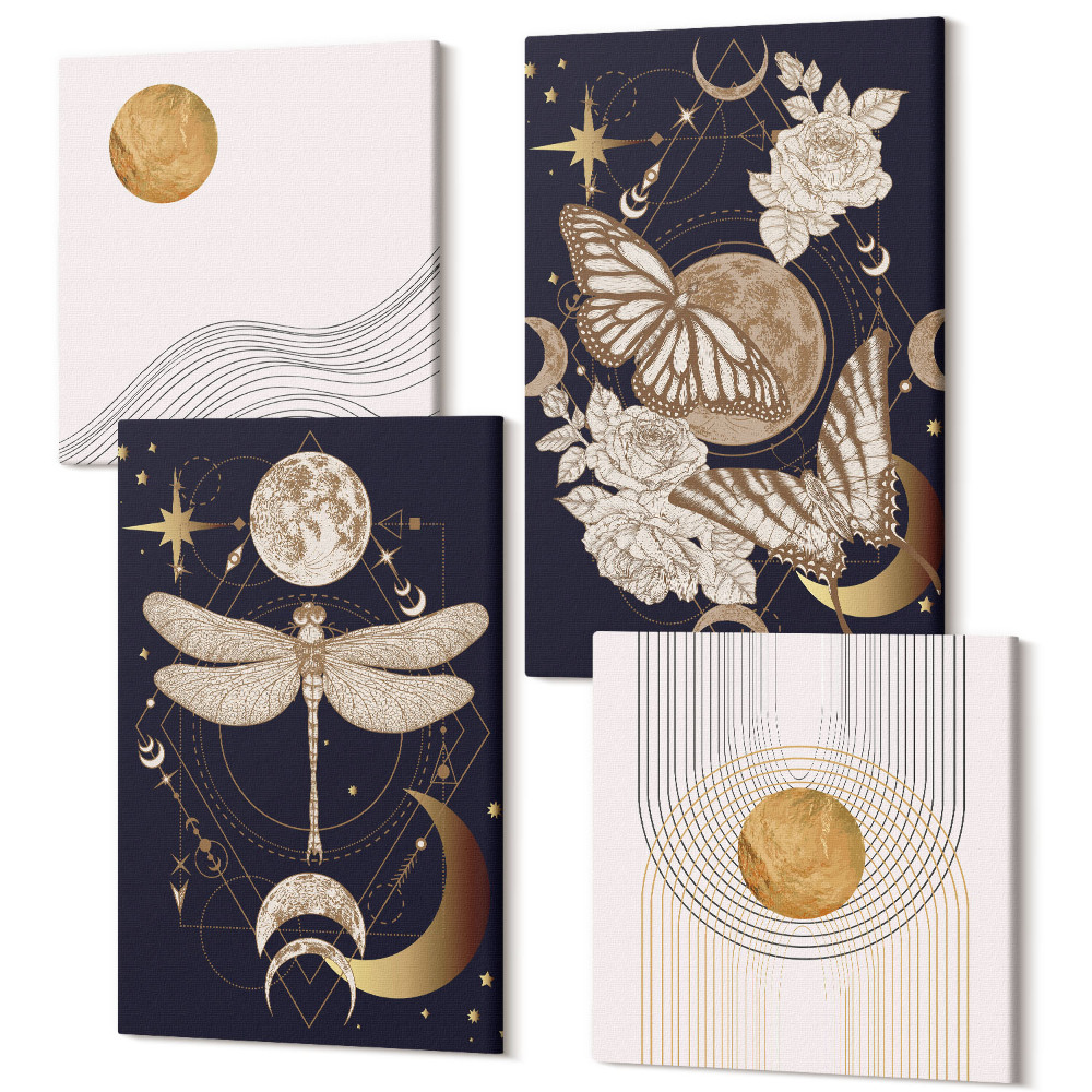 Négy részes vászonkép szett Természet motívumok a holddal, a térrel és a virágokkal