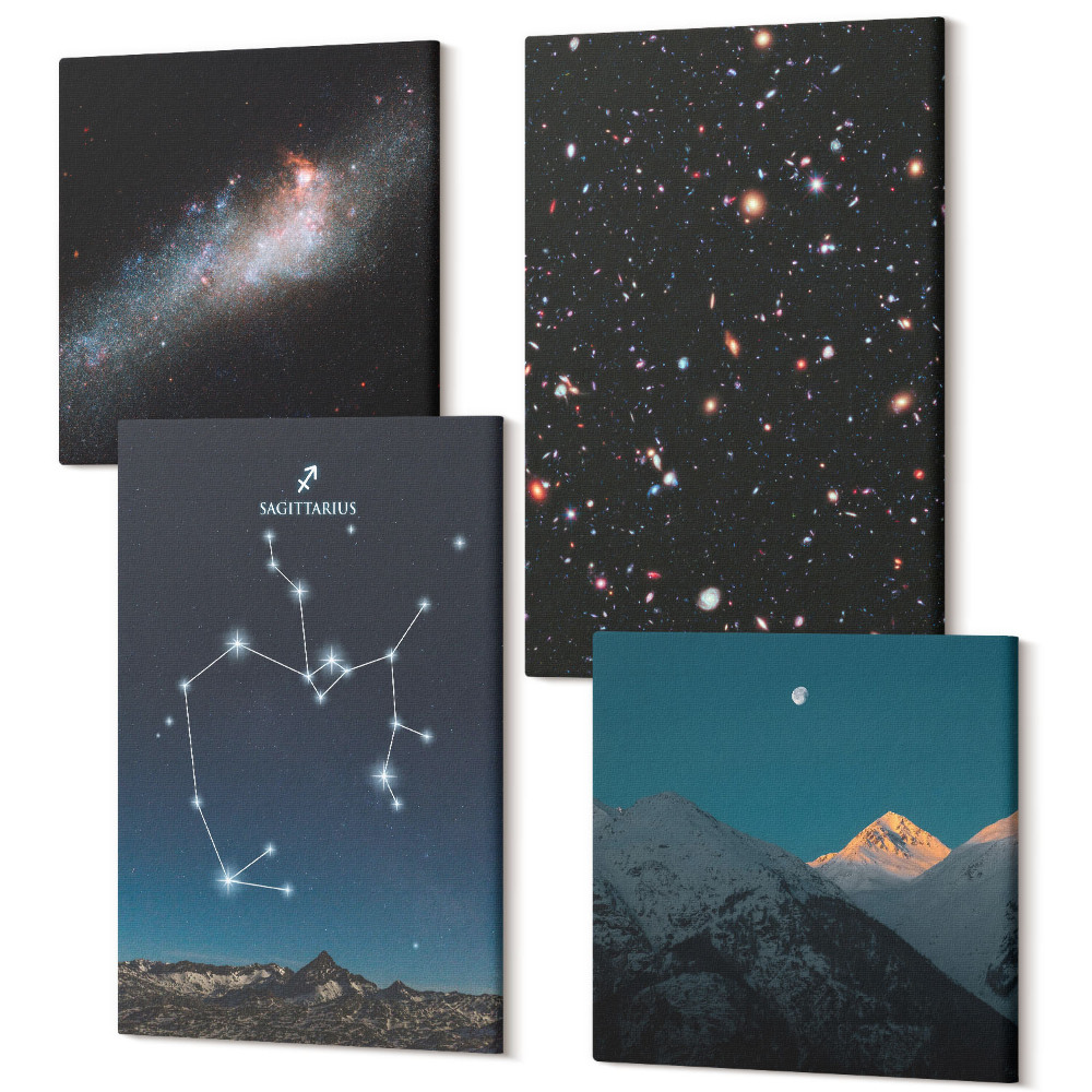 Négy részes vászonkép Galaxisok, csillagképek és a Nyilas űrzodiákus jel