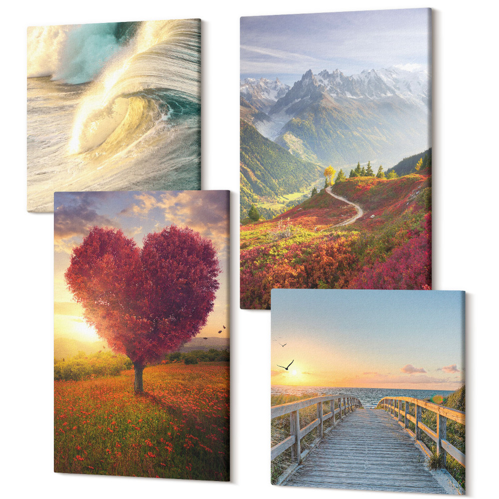 Négy részes vászonkép Hegyi tájak hullámok szív alakú fa mólón