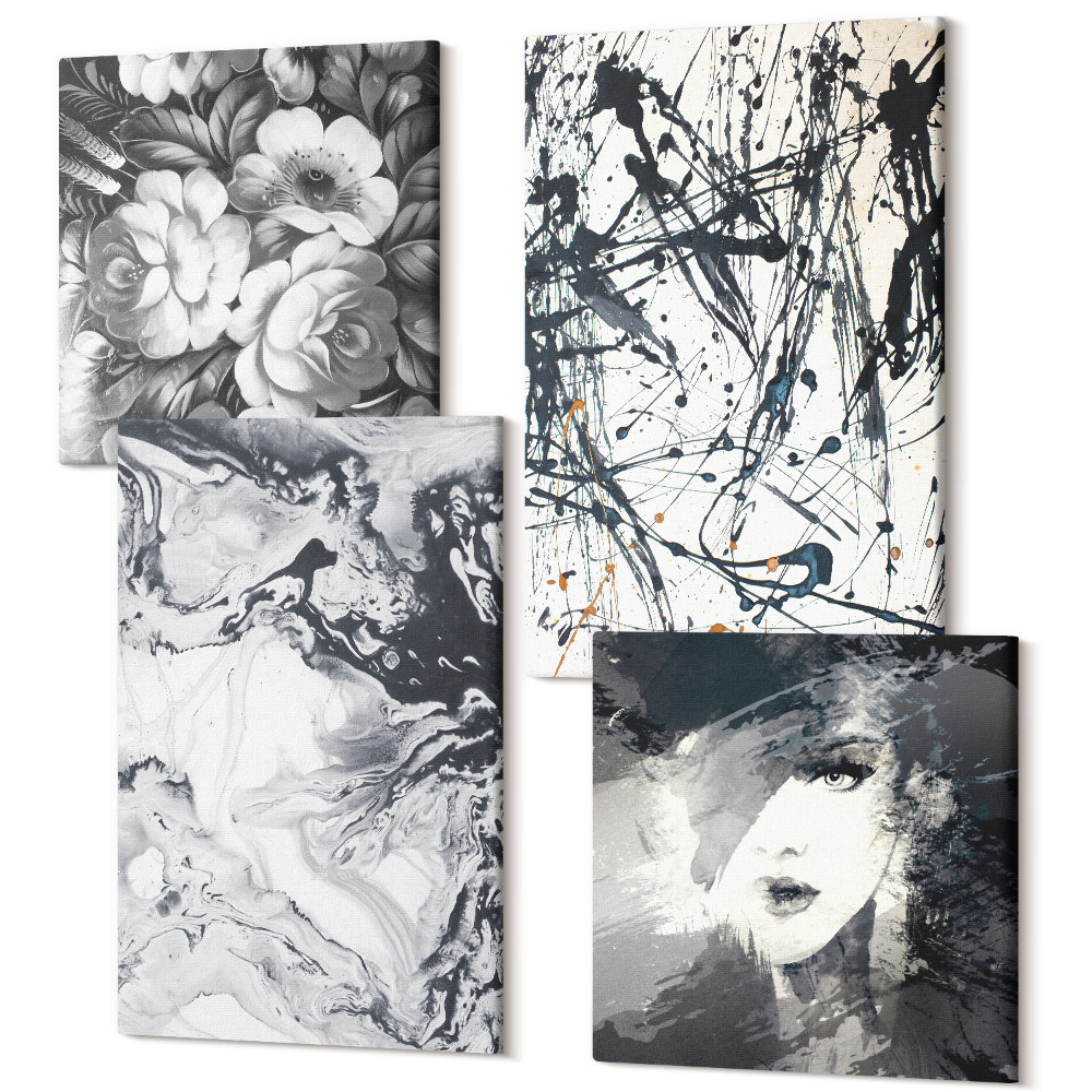 Négy részes vászonkép szett Absztrakt minták fekete-fehér árnyalatokban