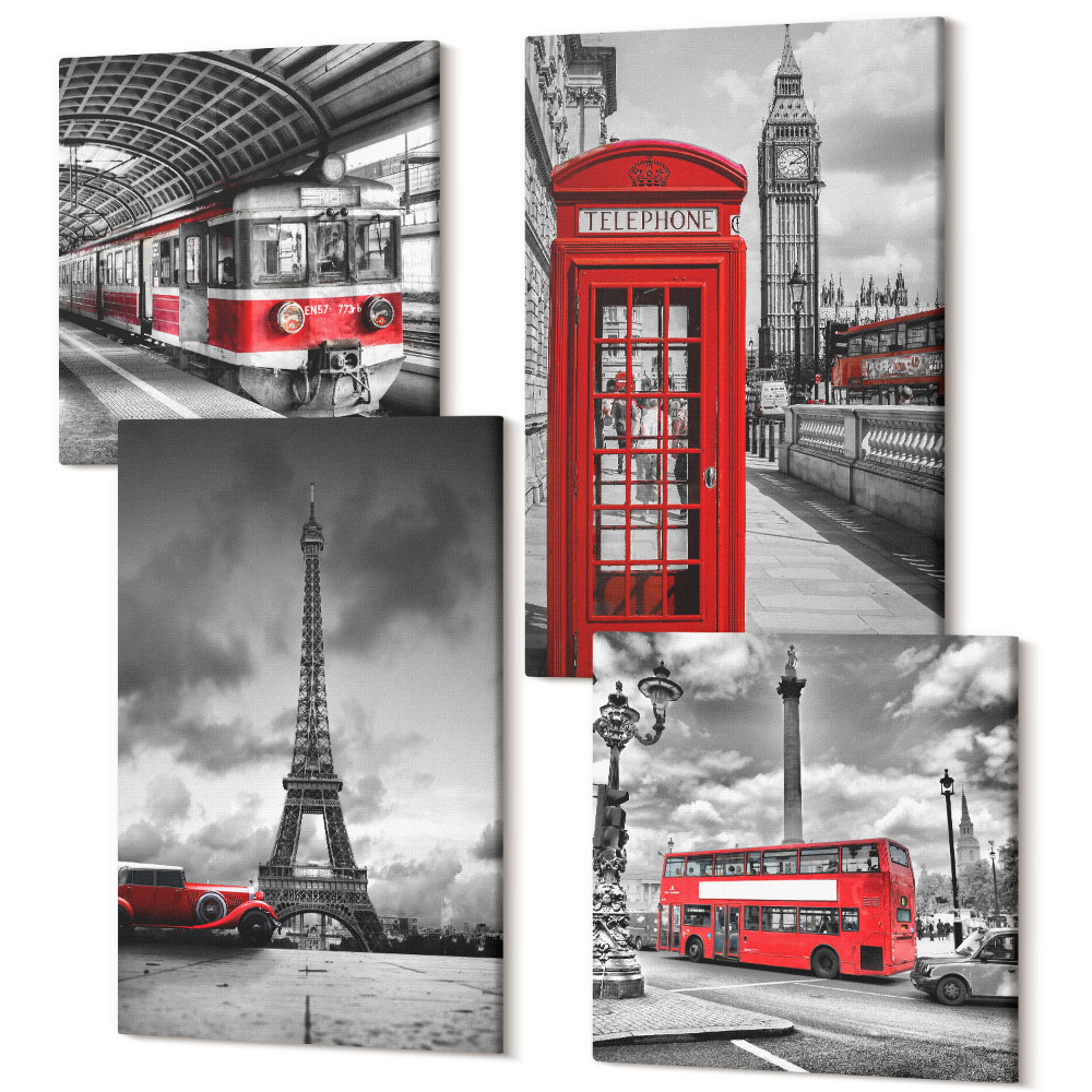 Négy részes vászonkép Ikonikus városok London Párizs és a vasúti közlekedés