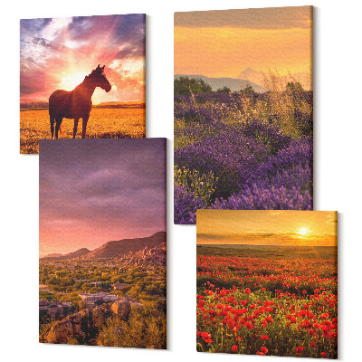 Négy részes vászonkép Hegyi tájak lovakkal és levendulamezőkkel