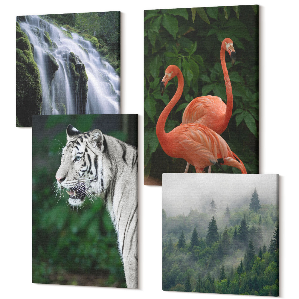 Négy részes vászonkép szett Tigris vízesés és rózsaszín flamingók a természetben