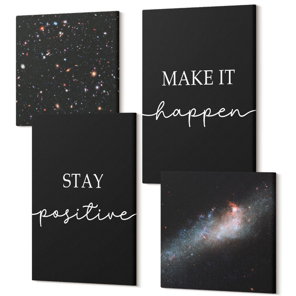 Négy részes vászonkép szett Motivációs szlogenek a fekete háttér csillagok az űrben
