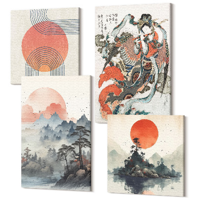 Négy részes vászonkép Ázsiai tájképek és portrék Japandi stílusban