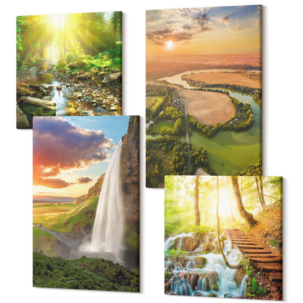 Négy részes vászonkép szett Vízesés hegyi narancsok olasz táj naplementével
