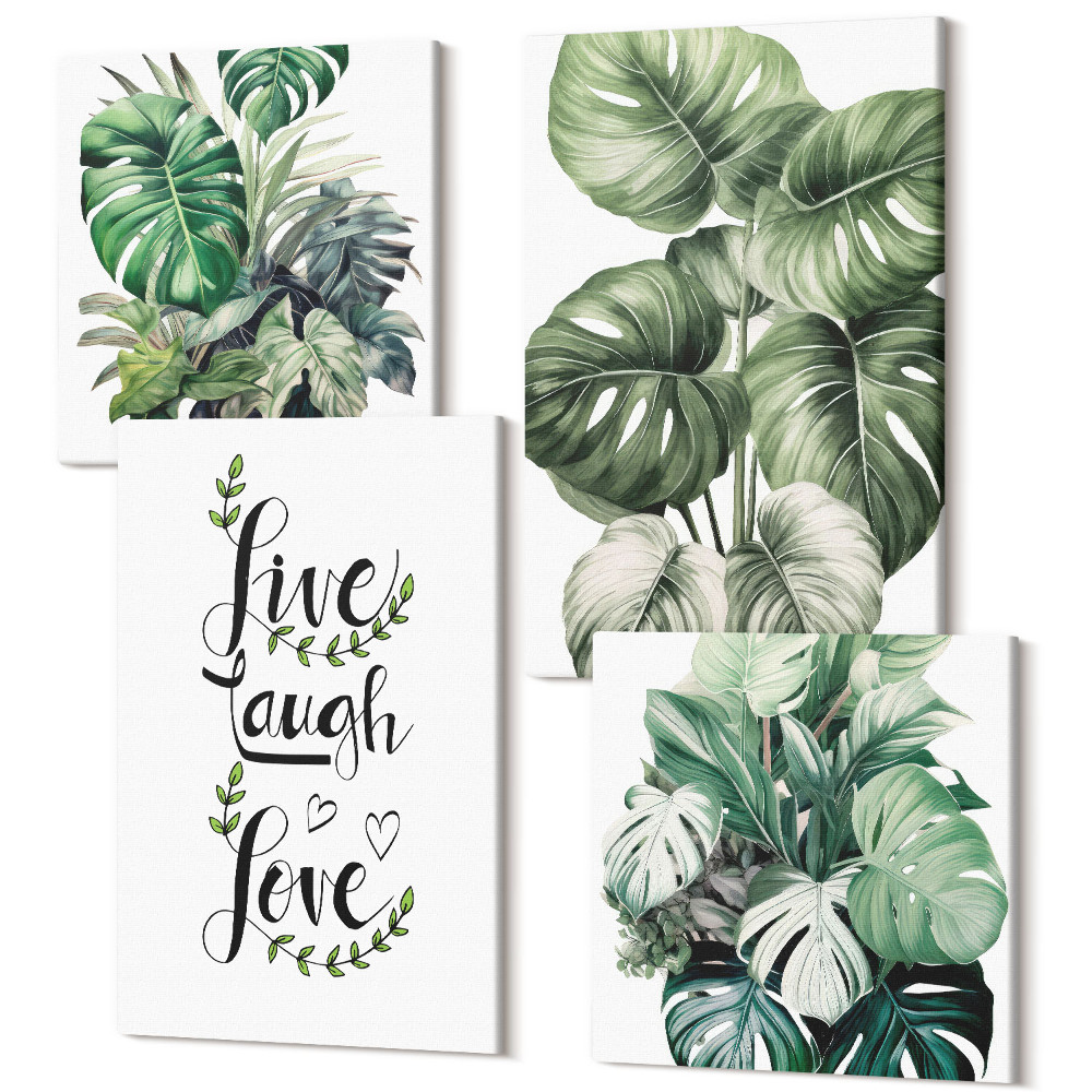 Négy részes vászonkép Leveles növények élni, nevetni, szeretni szavakkal