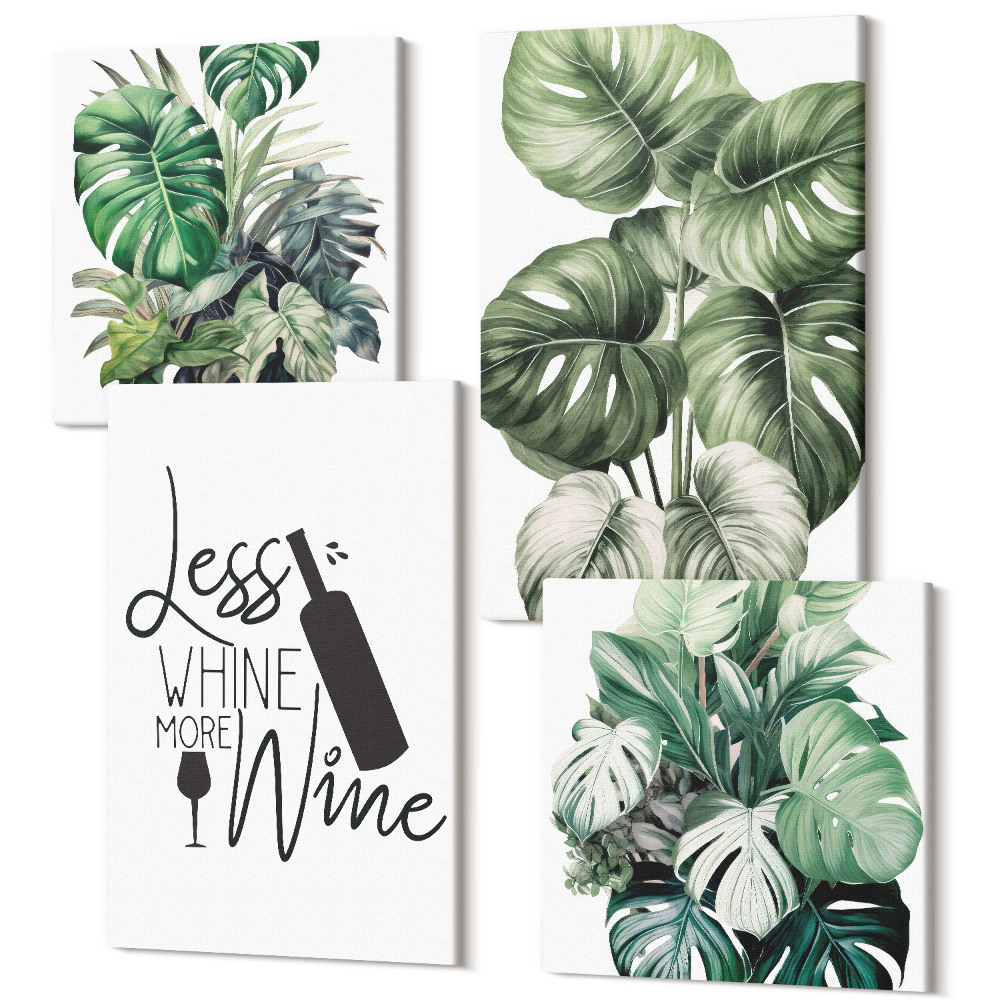 Négy részes vászonkép szett Növény levelei zöld árnyalatú borról felirattal