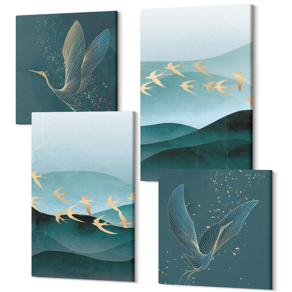 Négy részes vászonkép szett Absztrakt tájak a hullámok és a repülő madarak
