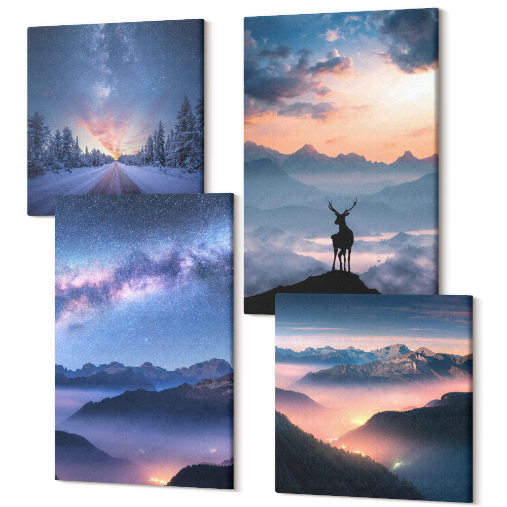 Négy részes vászonkép Éjszakai égbolt, hegyek, tájak a ködben és szarvasok