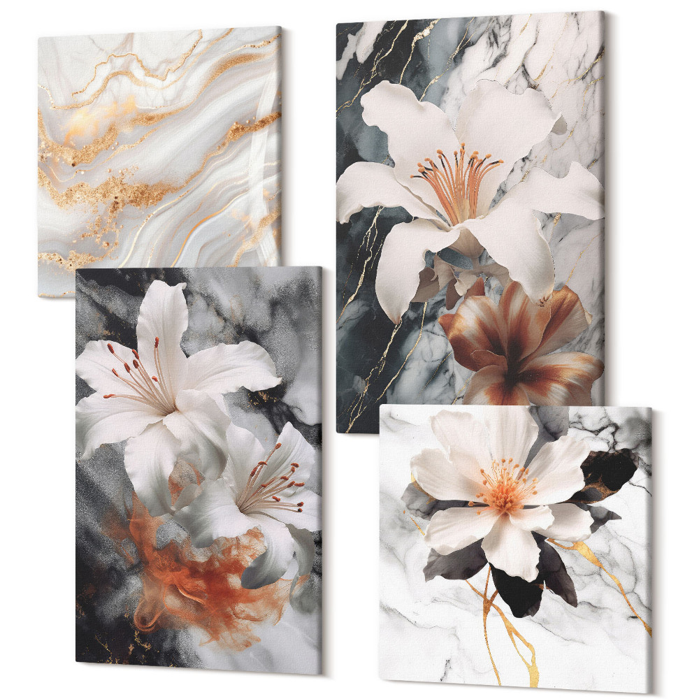 Négy részes vászonkép szett Virágok márvány alapon fehér és fekete árnyalatokban