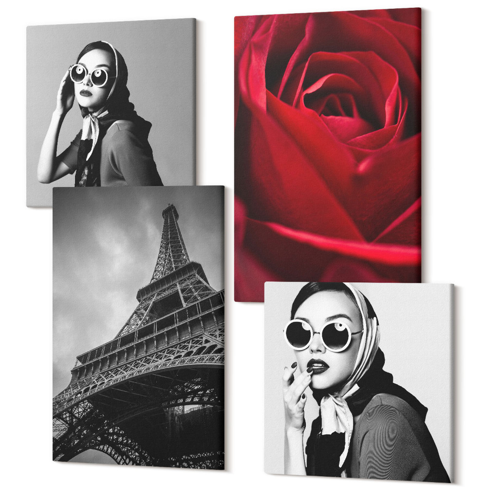 Négy részes vászonkép Párizsi nő rózsaszemüveggel és az Eiffel-toronnyal