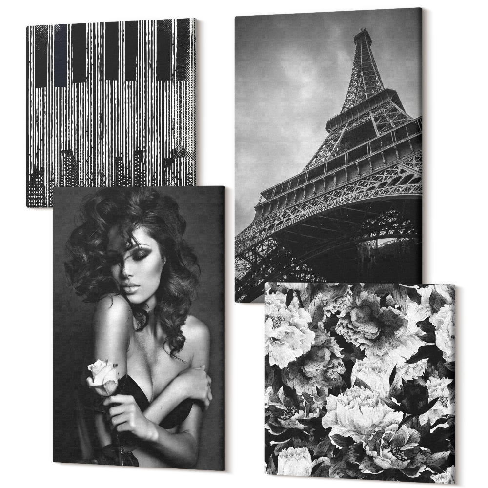 Négy részes vászonkép szett Rózsa nő portréja, Eiffel-torony absztraktok