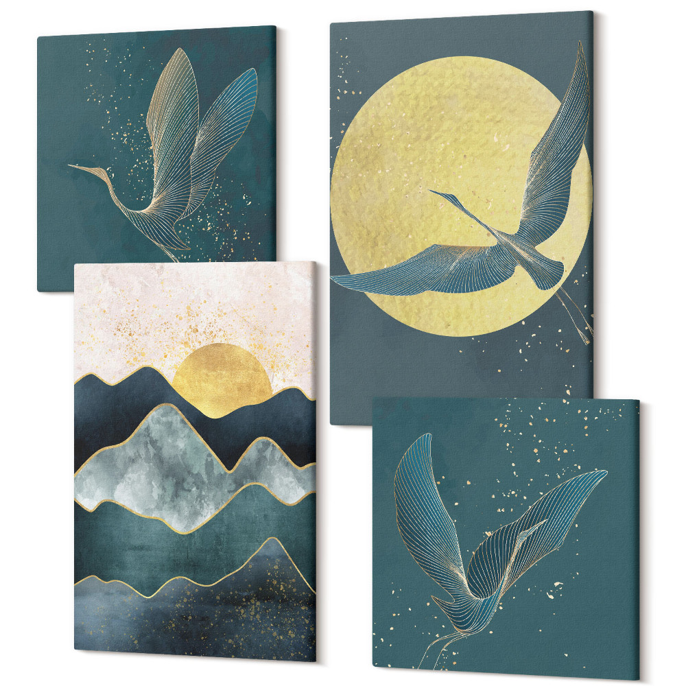 Négy részes vászonkép Darumadarak repülés közben, a hold, a csillagok és a hegyi táj