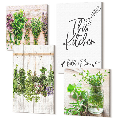 Négy részes vászonkép Gyógynövények és növények szárítása a konyhába